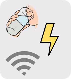 Group of illustrations evoking drinking water, electricity and wi-fi connections